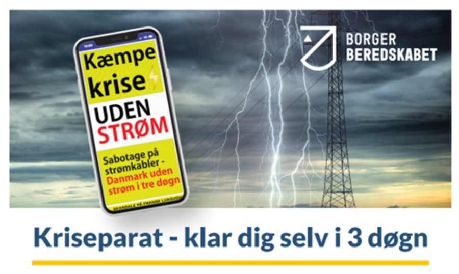 Billede af truende himmel med lyn, elmaster samt en mobiltelefon med katastrofenyheder på